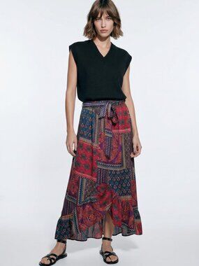 Masala Boho Patterned Elastic Waist Hi Low Midi Skirt S